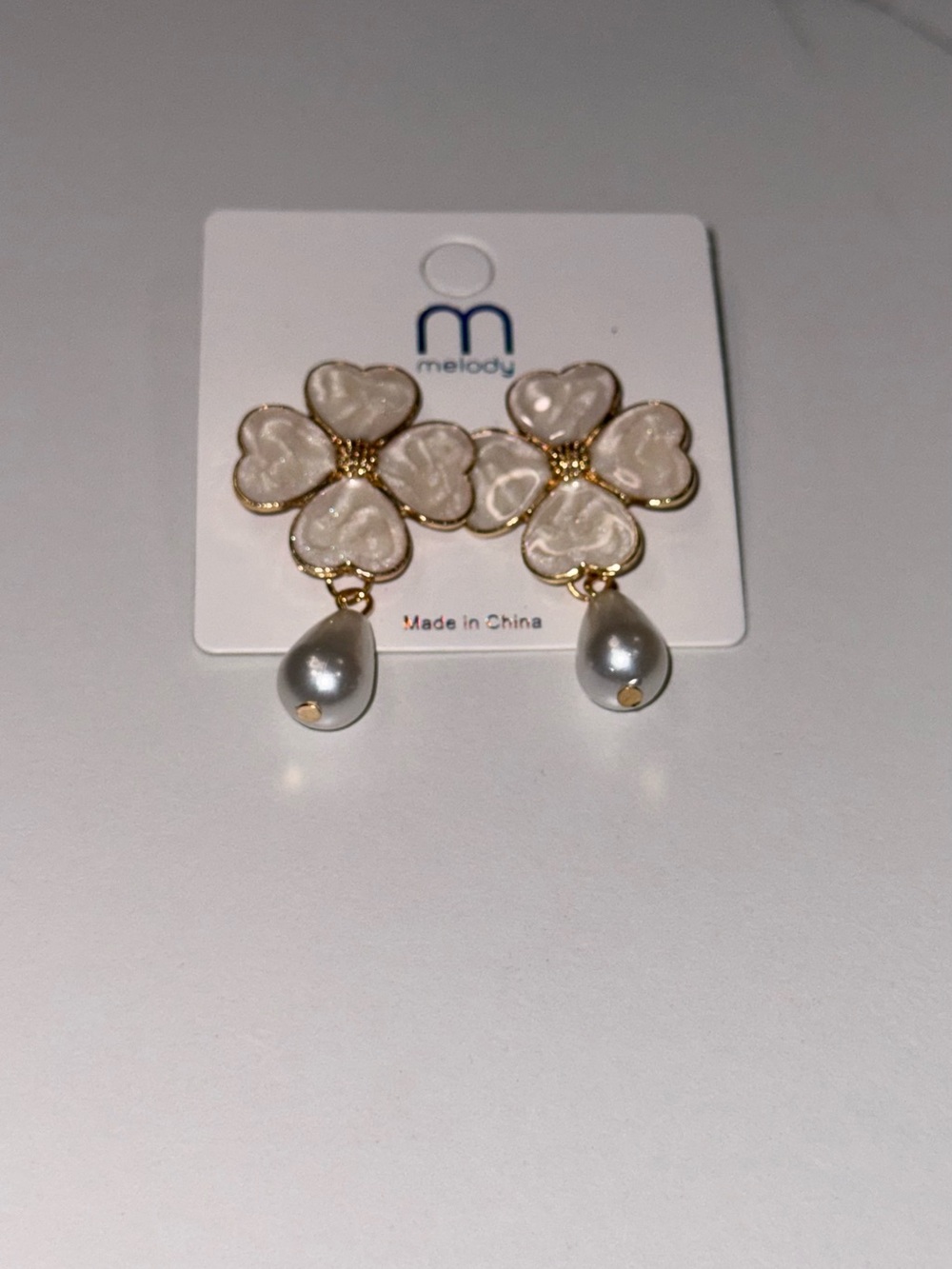 Melody White Floral Pearl Drop Earrings - Gold Accent